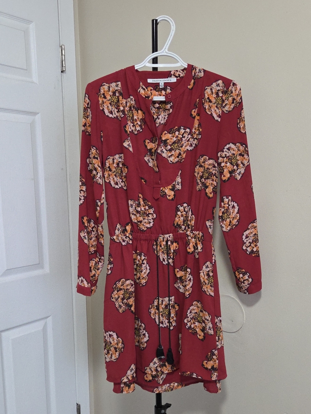 Collective Concepts Burgundy Floral Long-Sleeve Drawstring Dress